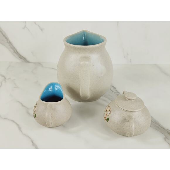 The Pigeon Forge Pottery Dogwood Floral Pitcher Jug Creamer Sugar Bowl x3 Vtg - Picture 8 of 16